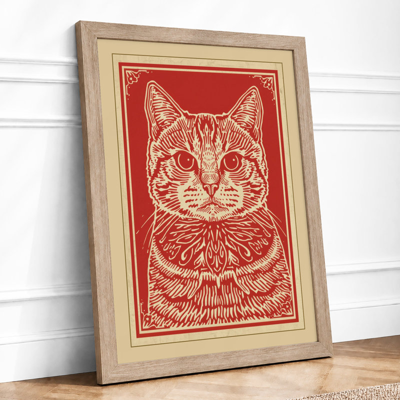 Heraldic Cat Art Deco - Framed Print, A1 - 84.1 x 59.4 cm, Oak