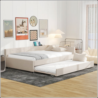 Upholstered Platform Bed with USB and Twin Size Trundle