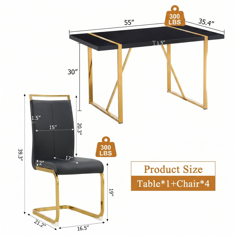 5-Piece Modern Rectangular High-Gloss Dining Set with Faux Leather Cantilever Chairs, Black/Gold, Black