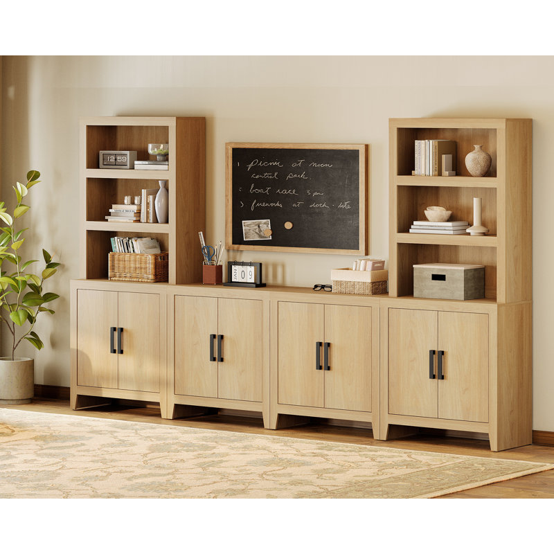 Entertainment Center With Bookshelves, 4-Piece Modular TV Stand With Storage Towers, Farmhouse Media Console With Concealed Storage For Living Room, Bedroom, Oak