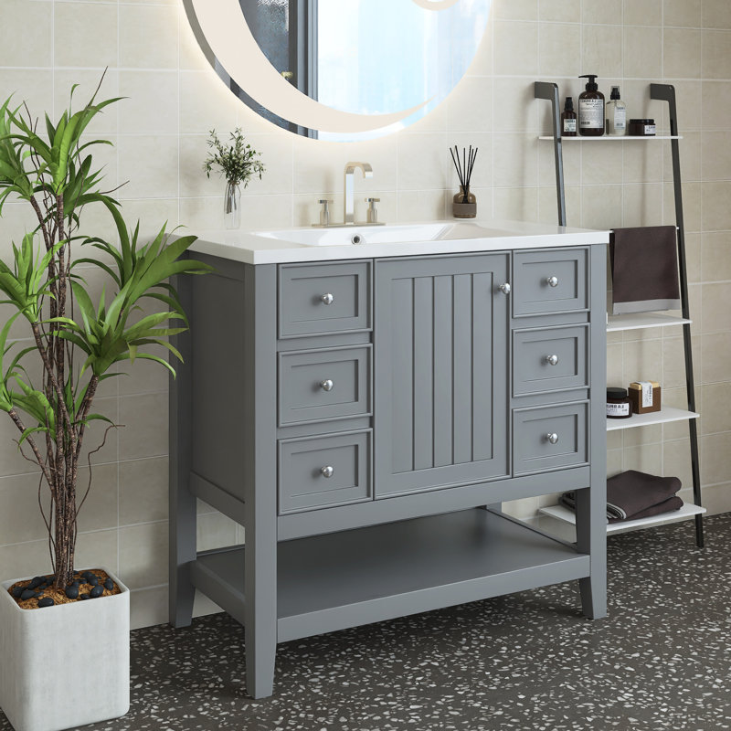 Ensemble de meuble-lavabo simple 36 po avec plateau en céramique Sonaya, Gris