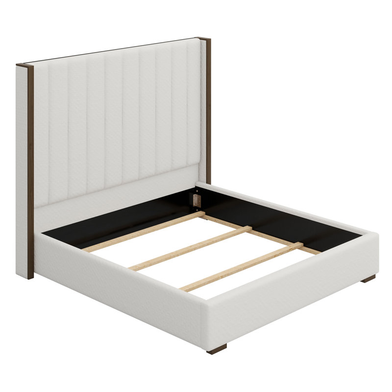 Tall Headboard Upholstered Bed With Vertical Striped And Wingback Design