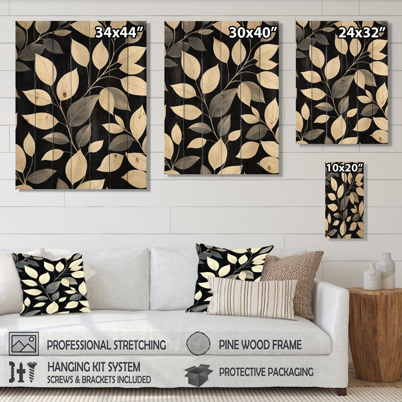 Feuilles noires et beiges douces - Décoration murale en bois de feuilles - sur bois de pin naturel