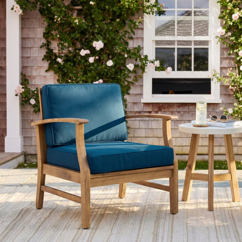 Perla Club Chair, Modern And Cozy, Natural Frame/Blue Cushion