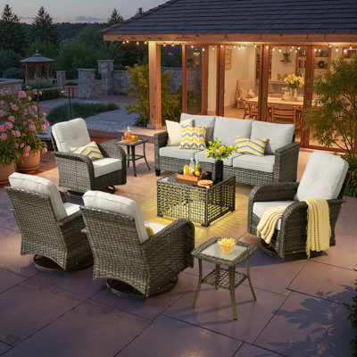 8 Piece Outdoor Wicker Swivel Rocking Chairs With Solar Powered Coffee Table, All Weather High Back Sofa Set, Patio Furniture Set With Cushions