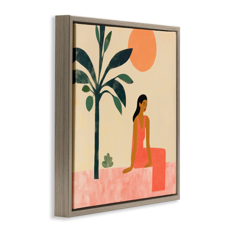 Art mural sur toile flottante "Scène tropicale et femme" par Lazar Studio, H 25 po x l 25 po, Cadre flottant métallique doré