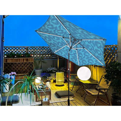9ft Patio Umbrella, Pattern + Cyan Canopy, Solar Led Stripes, 6 Steel Ribs, Crank Lift, Tilt Option, 40+ Upf, For Garden Use - Powered Round Easy System, 45 Degrees Tilt, Water , Outdoor Areas