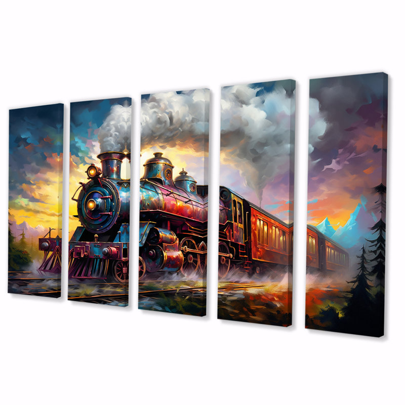 Steamtrain Travelling In The Sunset, peinture I - train, art mural sur toile - 5 panneaux égaux