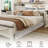 Wooden King Size Bed Frame with Storage Headboard, Farmhouse Platform Bed Frame with LED Lights and Charging Station, White-1145858687-1169826086
