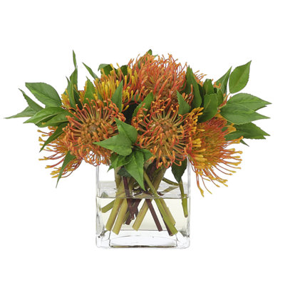 Protea, Orange Glass Cube, 13wx12dx9h