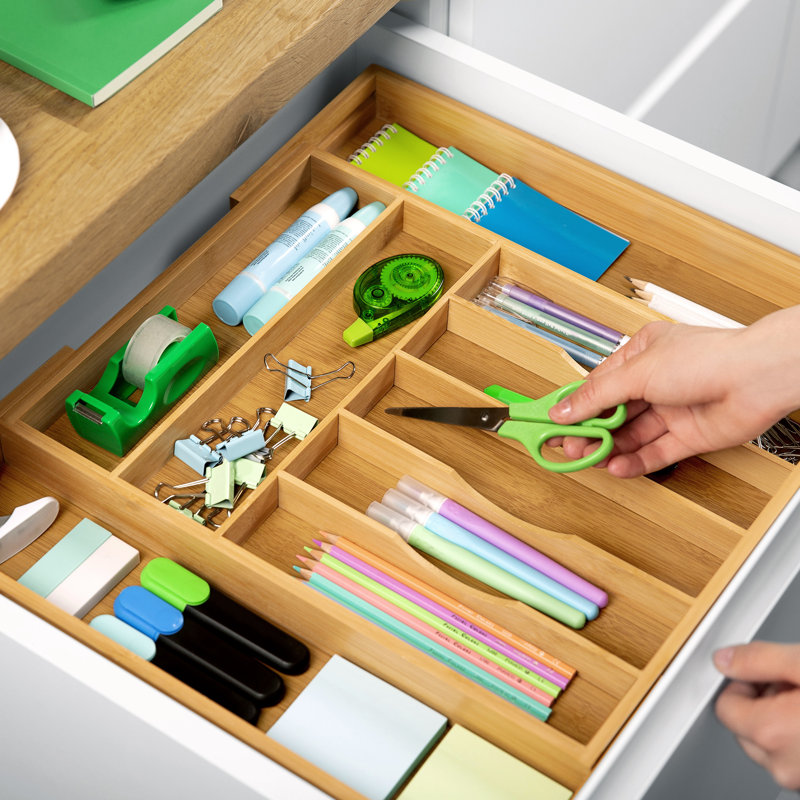 Rangement de tiroir ajustable pour couverts et ustensiles de cuisine, Naturel