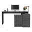 Bureau d'ordinateur moderne en L avec rangement ouvert et fermé, surface de travail spacieuse pour écrans et appareils, finition chêne fumé-1883281820