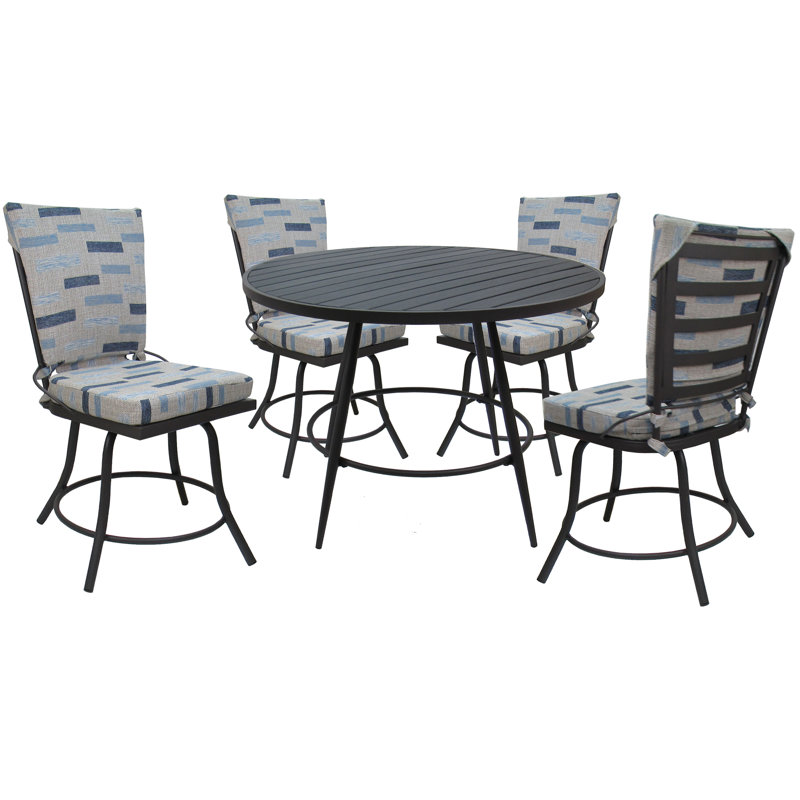 Merrile 4 - Person Patio Dining Set with Round Table , Cushions Included, Gray Frame/Blue Cushion