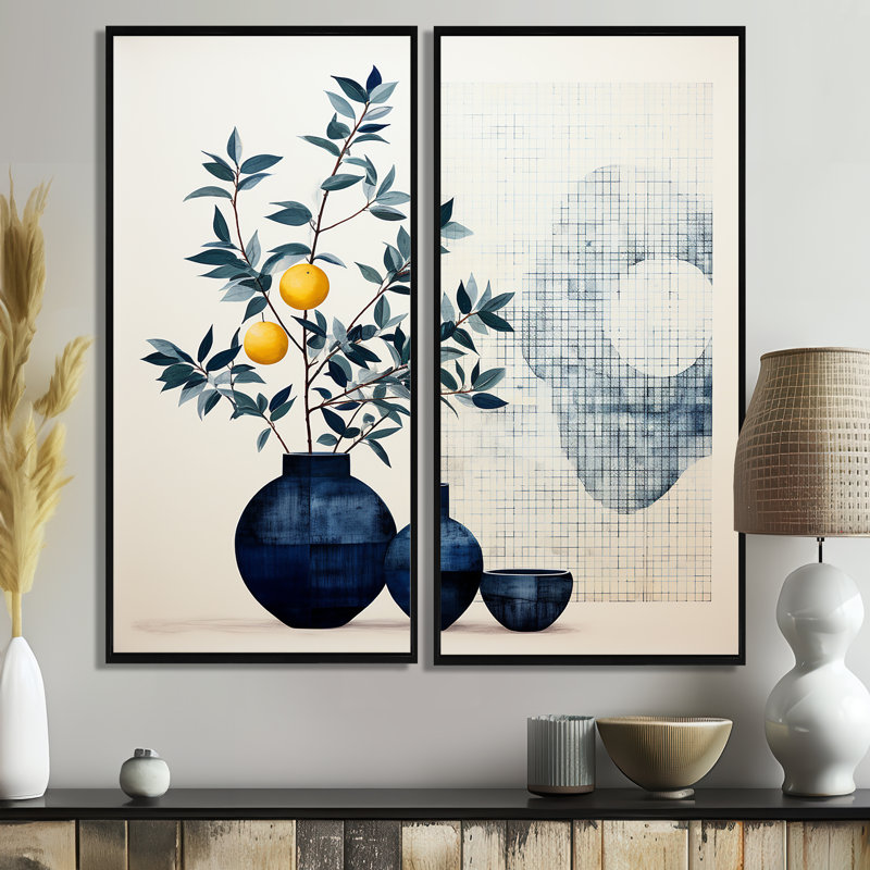 Art mural bleu et jaune Mid Century Minimalist, H 32 po x l 32 po, Impression encadrée flottante, Noir