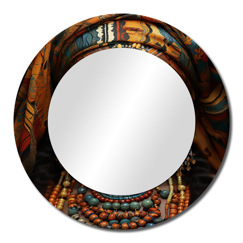 African Adorned Beauty III - African Art Wall Mirror, Turquoise Round Decorative Mirror, Printed Metal Art, 23" x 23"