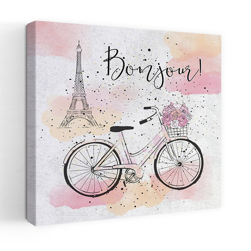 Bonjour, Paris, vélo, élégante fleur romantique moderne, impression murale, 36" H x 36" W