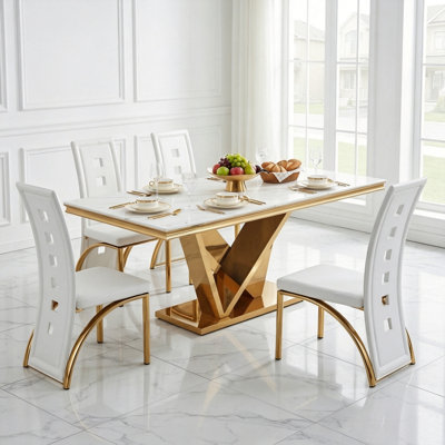 Modern Faux Leather Upholstered Dining Chair with Curved Metal Legs & Cut-out Back (Set of 4)