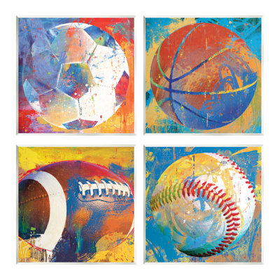 Collaged Urban Sports Balls 4 Pc Wall Plaque Art Set by Savannah Miler