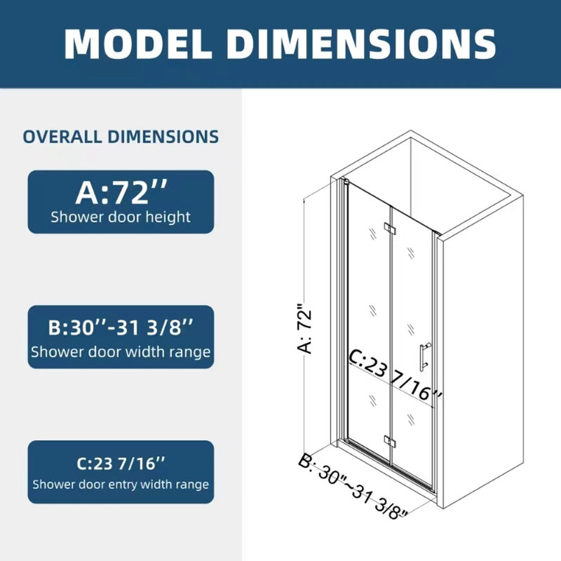 30"x72"Universal Pivot Shower Door, Chrome