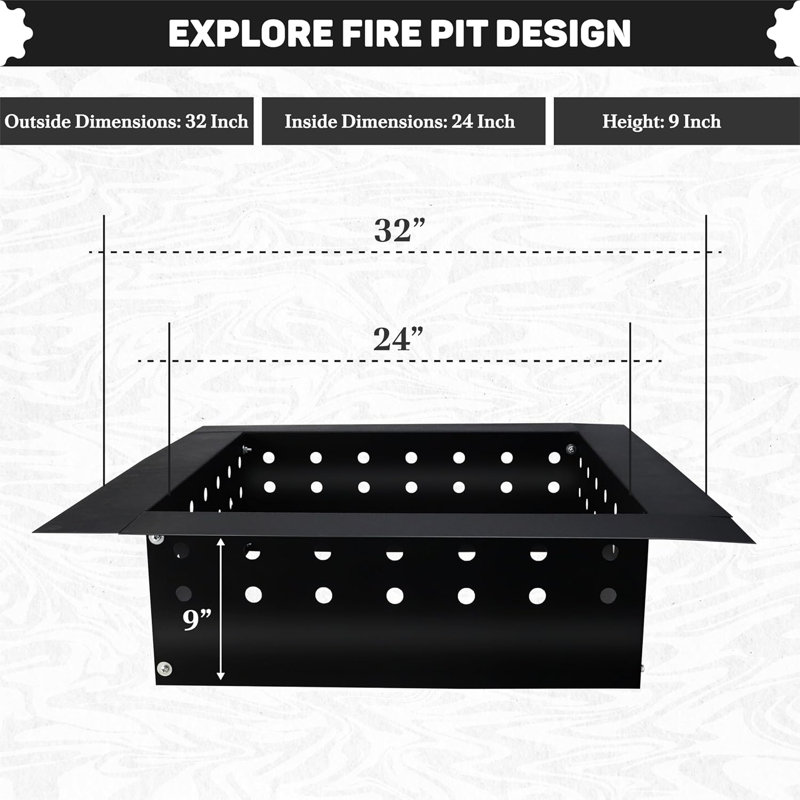  Smokeless Fire Ring Liner - Square Carbon Steel 32 Inch Od & 24 Inch Id Square Fire Pit Insert With Heat Resistant Coating - Diy Campfire Ring For Outdoor Bonfire, Bbq, Camping & Gatherings