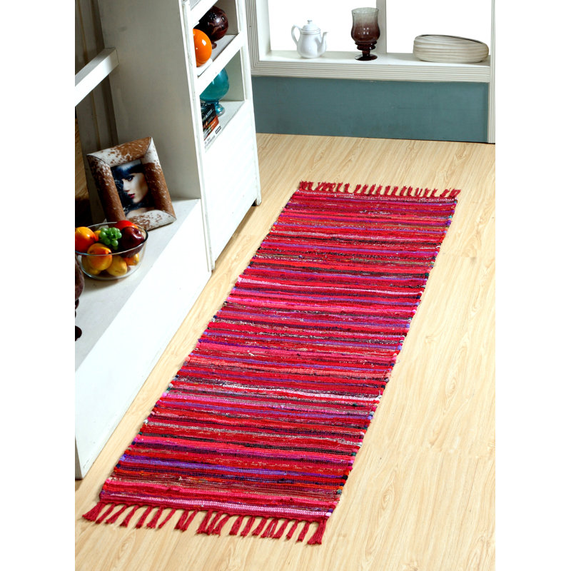 Marone Striped Cotton Hand Woven Area Rug, Runner 60 x 210cm