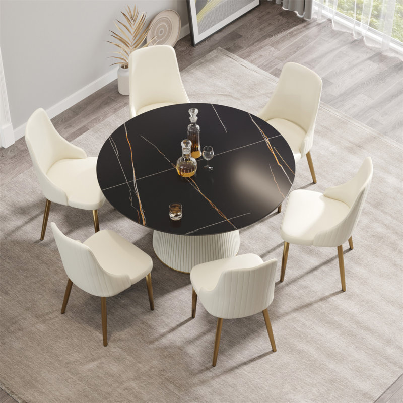 Table de salle à manger 53,15 po en pierre artificielle noire ronde avec base en contreplaqué beige et polyuréthane pouvant accueillir 6 personnes.