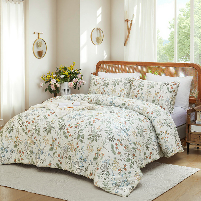 Ensemble d'édredon 100% coton pour grand lit 3 pièces Ensemble d'édredon botanique avec literie à motif floral avec fleurs vertes et orange, ensemble d'édredon léger et respirant pour chambre douillette