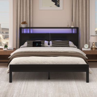 Queen Metal Platform Bed with 2-Tier Headboard, RGB LED Lights & Charging Station, Easy Assembly, Black