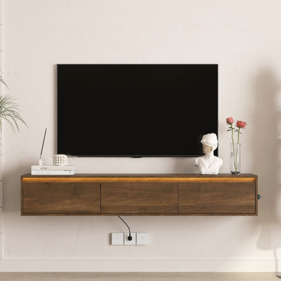 Meuble télé haute brillance flottant pour une utilisation à la maison avec lumières à DEL, prise de courant et espace de rangement - Tablette 3 standard, 2 ports, support de gestion des câbles