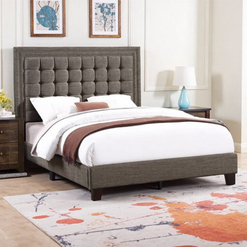 Élégant grand lit tapissier avec tête de lit capitonnée au fini espresso brun - aucun sommier nécessaire, structure en contreplaqué et pin durable pour les chambres à coucher modernes, assemblage facile inclus