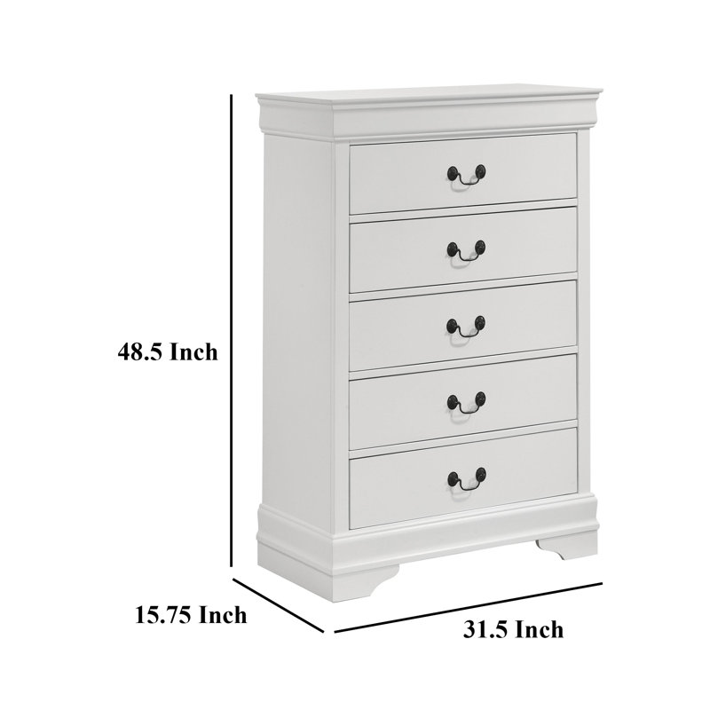 Commode haute Nim, 5 tiroirs de rangement, garniture moulée blanche classique
