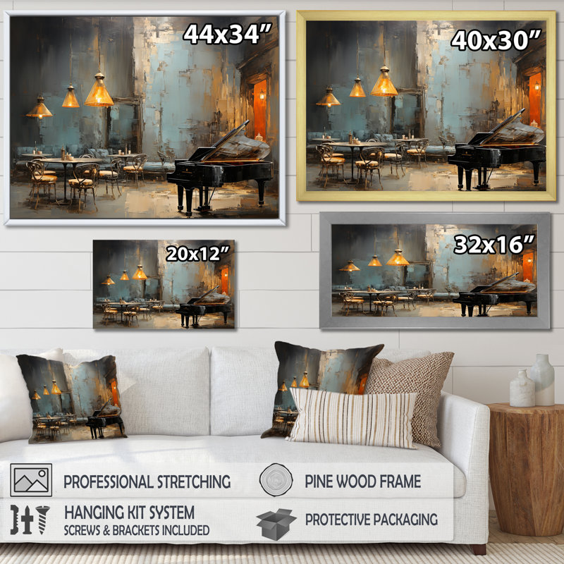 Rétro Sonate de Pinao dans Jazz Café III - musique Jazz Art mural, Cadre d'angle fermé noir, H 30 po x l 40 po x P 1,5 po