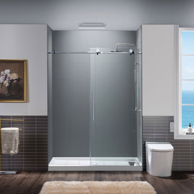 56"" - 60"" W x 76"" H Single Sliding Semi-Frameless Shower Door with 3/8""(10mm) Clear Tempered Glass -  WoodBridge, MBSDC6076-CH