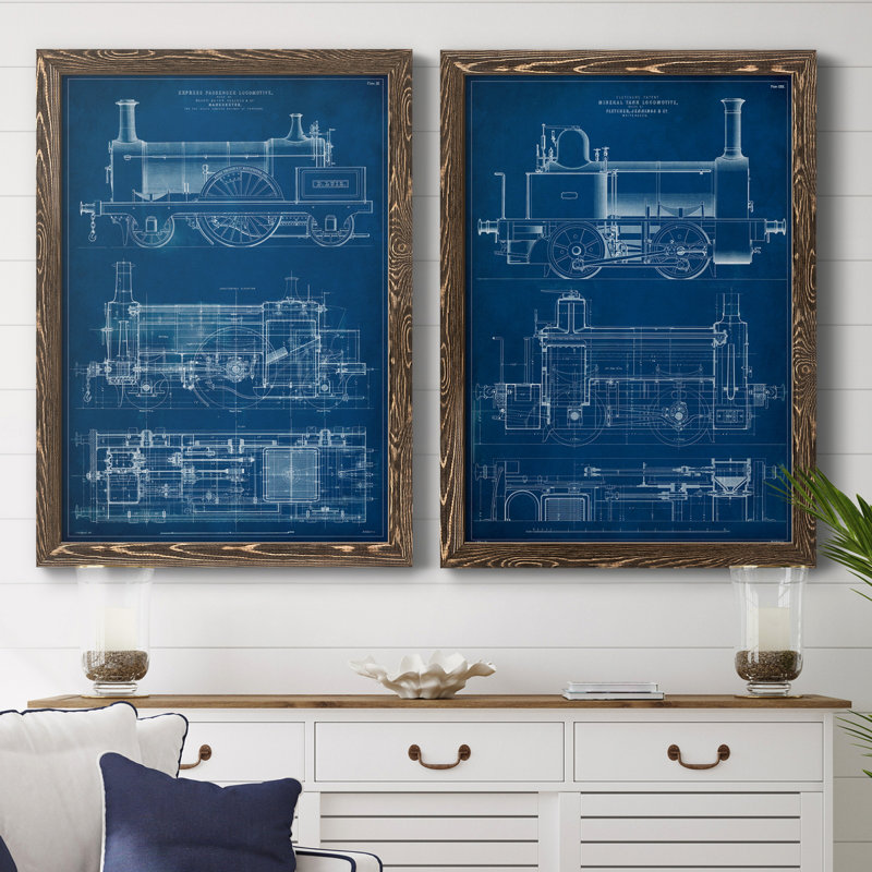 «Locomotive Blueprint I», ensemble de 2 reproductions d'art sur toiles, H 37,5 po x l 55 po x P 1,5 po