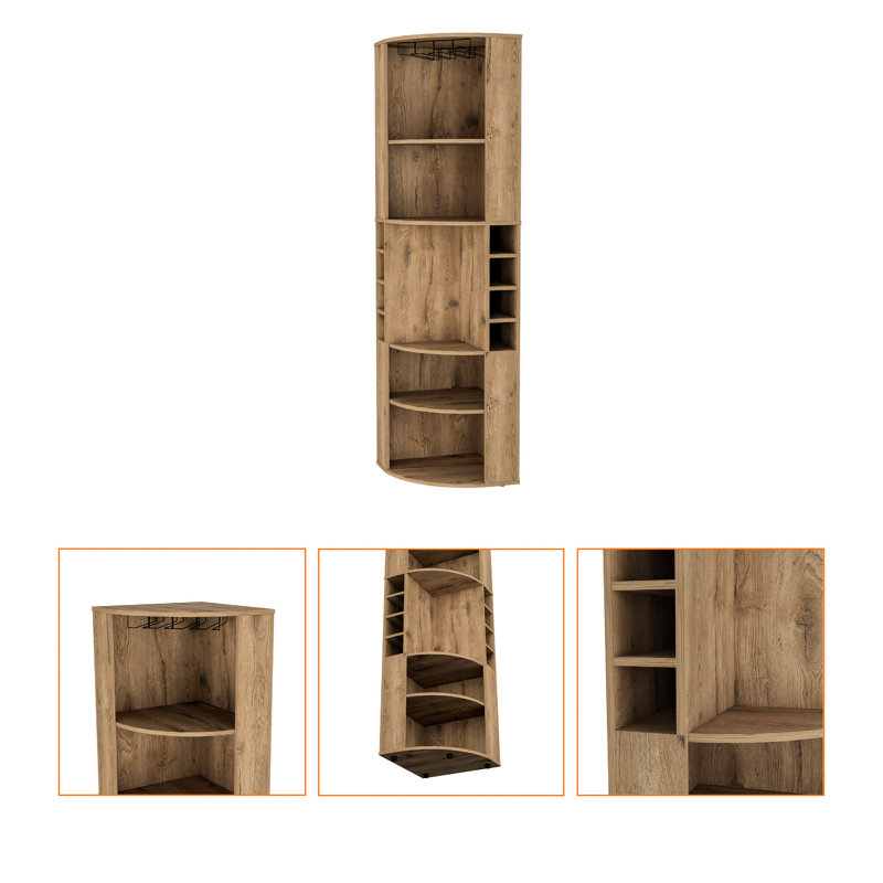 Corner Bar Cabinet - 5 Shelves For Efficient Space Management Natural Wood, 8 Wine Bottle Slots 5-Shelf Living Room Spacious Storage 18.5 Inches Deep 