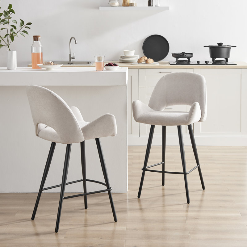 Lyla Luxury Fabric Upholstered Breakfast Bar Stools With Metal Legs, Cream