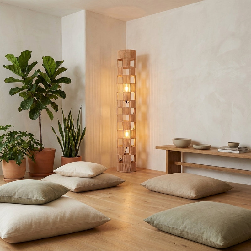 Lampe de salon standard à 2 lumières à intensité variable avec abat-jour rond en rotin naturel Suho
