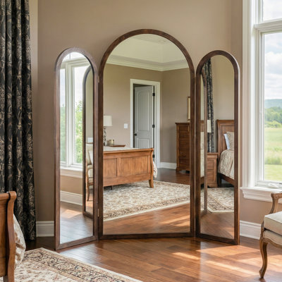 66.5 in. W x 71 in. H Arched Wooden 3-Panel Framed Floor Mirror Standing Mirror