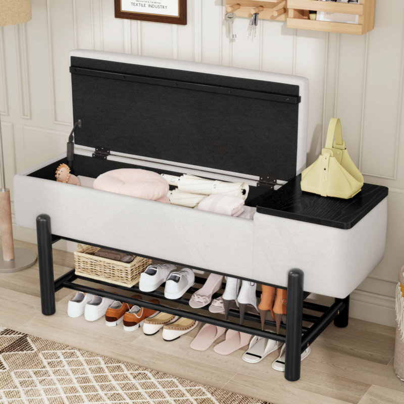 Farmhouse Upholstered Storage Bench With Hidden Compartment, Modern Entryway Bench For Living Room, Entryway, And Hallways