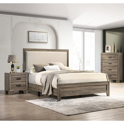 Joli grand lit à finition grise avec incrustations en bois et tête de lit de taille moderne avec cristal rembourré