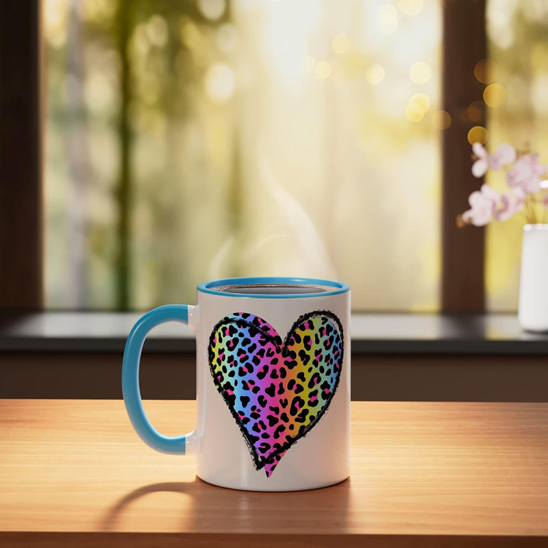 Heart Rainbow Cheetah Leopard Tiger Print Ceramic Mug, Blue