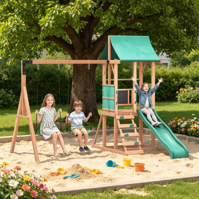 Ensemble de balançoires pour la cour arrière, équipement de jeu extérieur pour enfants avec deux balançoires, glissade, mur d'escalade, ensemble de balançoire avec glissade à vagues, ensembles d'aire de jeux pour les cours arrière