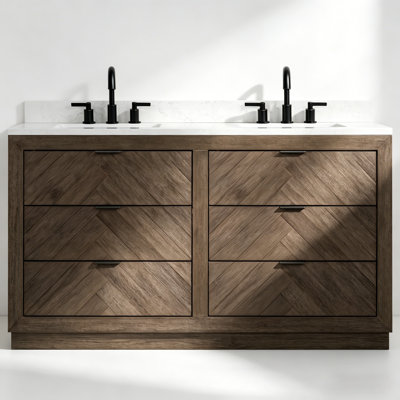 Meuble-lavabo double 60 po avec plateau en marbre d'ingénierie