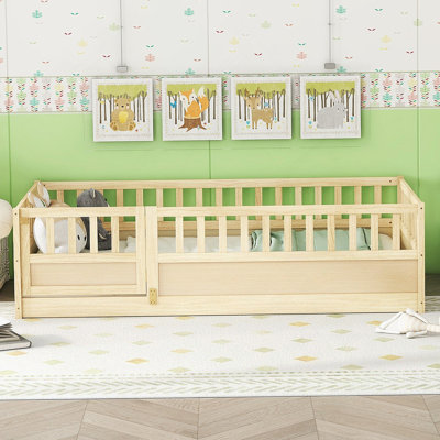 Twin Size Floor bed, integral construction with super high security barrier, door, children's floor bed frame, Montessori wooden children's floor bed,