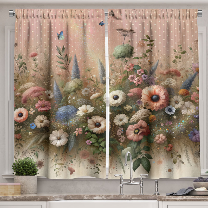 Floral Eucalyptus Rose and Olive Green Kitchen Window Curtains