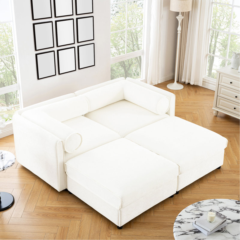 Élégant canapé en chenille blanc à 2 places avec 2 sièges de rangement pour repose-pieds, dossier cylindrique et accoudoirs, causeuse moderne en tissu avec espace de rangement caché