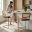Tabourets de bar en rotin naturel avec dossier en bois massif, tabourets à hauteur de comptoir de style moderne Mid-Century de 24 pouces, tabouret Boho en similicuir brun pour comptoir de cuisine avec pieds en métal chromé-1991714476-2000225593