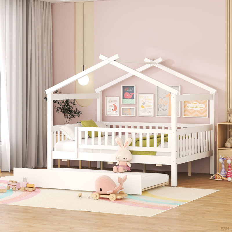Zhayne Wooden House Bed with Trundle, Full, White