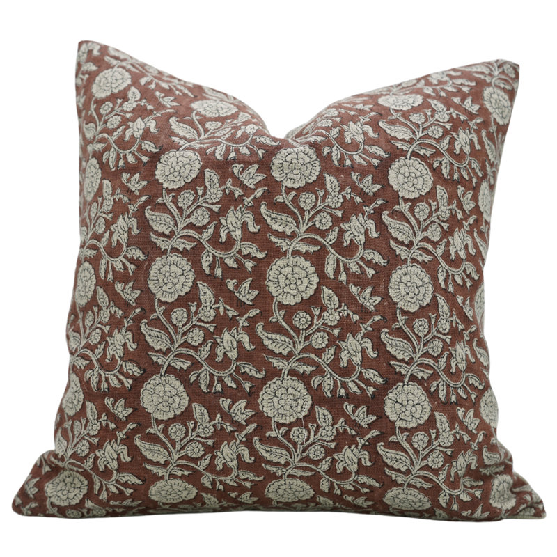 Coussin à motif de fleurs fabriqué à la main Fabividine, Motif floral brun foncé, Carré 16 po