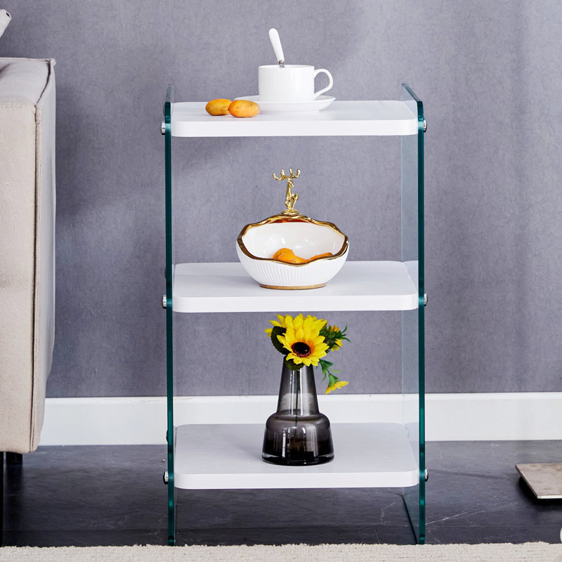 Armoire de chevet trois couches avec panneau de fibres à densité moyenne, autocollants en bois et côtés en verre trempé pour un rangement élégant